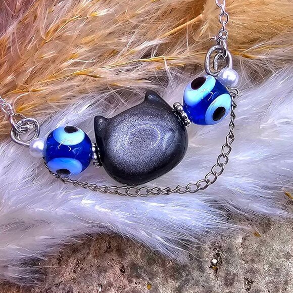 Nature Silver Obsidian Cat & Evil Eye Pendant Necklace - Picture 10 of 10